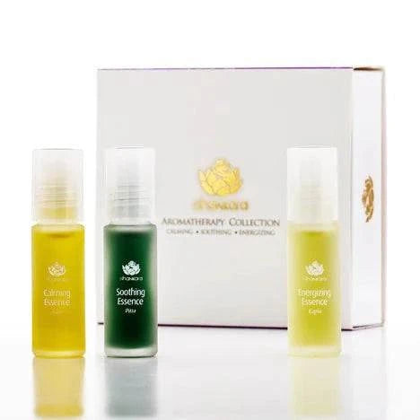 Aromatherapy Collection featuring calming, soothing, and energizing essences in rollerball bottles for stress relief and wellness.