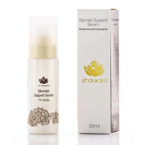 Blemish Support Serum bottle with packaging, featuring natural ingredients for clear complexion.