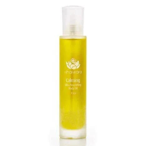 Calming Body Oil in a sleek glass bottle, promoting relaxation and hydration with nourishing essential oils.