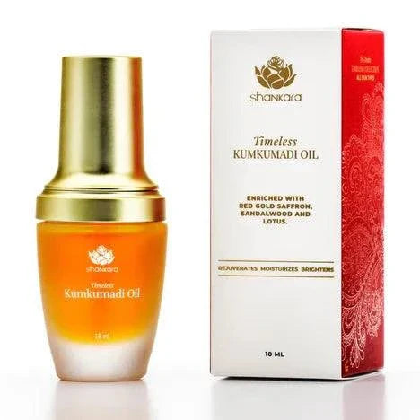 Timeless Kumkumadi Oil bottle and packaging enriched with saffron, sandalwood, and lotus for radiant skin.