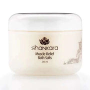 Muscle Relief Bath Salts jar with relaxing and soothing blend of Arnica, Eucalyptus, Lavender, and Epsom salts.