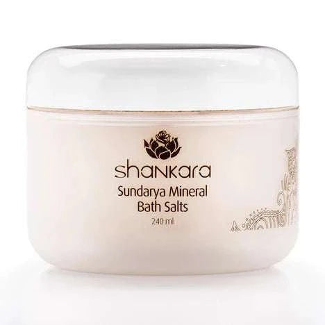 Sundarya Mineral Bath Salts jar, 240 ml, luxury rejuvenating bath product.
