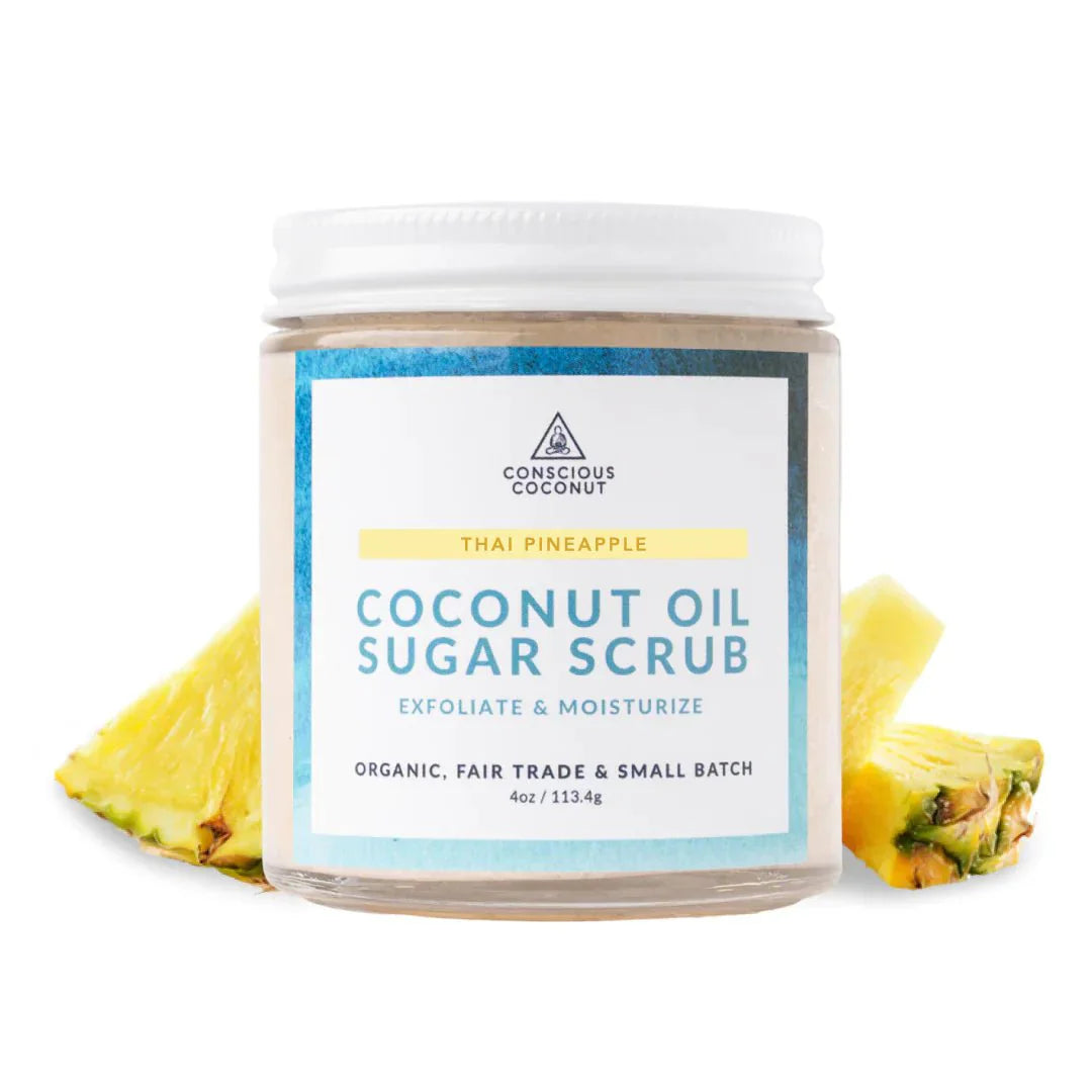 Conscious Coconut Sugar Scrub jar with Thai Pineapple, exfoliates and moisturizes, enriched with organic ingredients.