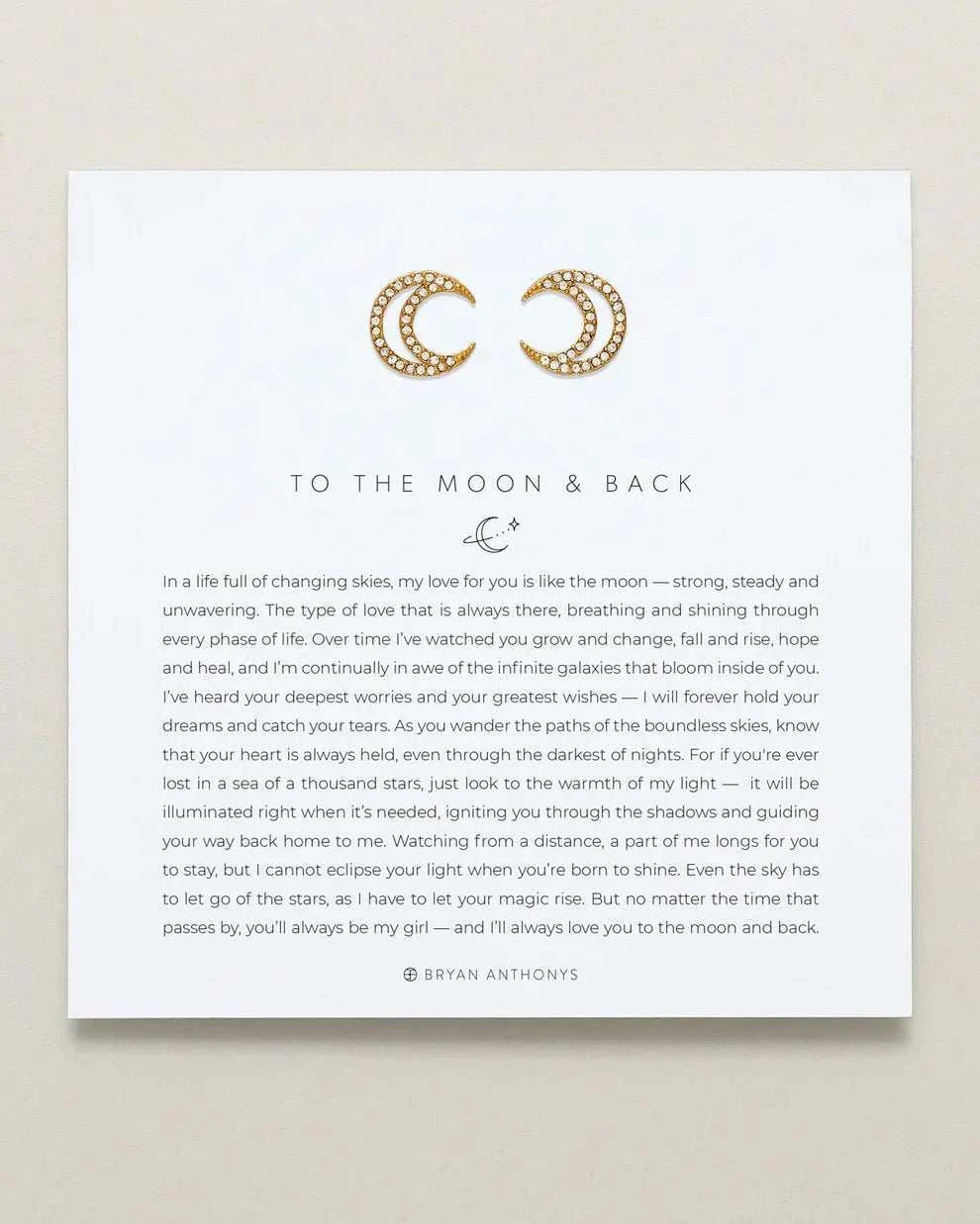 TO THE MOON AND BACK stud earrings, crafted in brass with crystals, symbolizing eternal love and cosmic elegance by Bryan Anthonys.