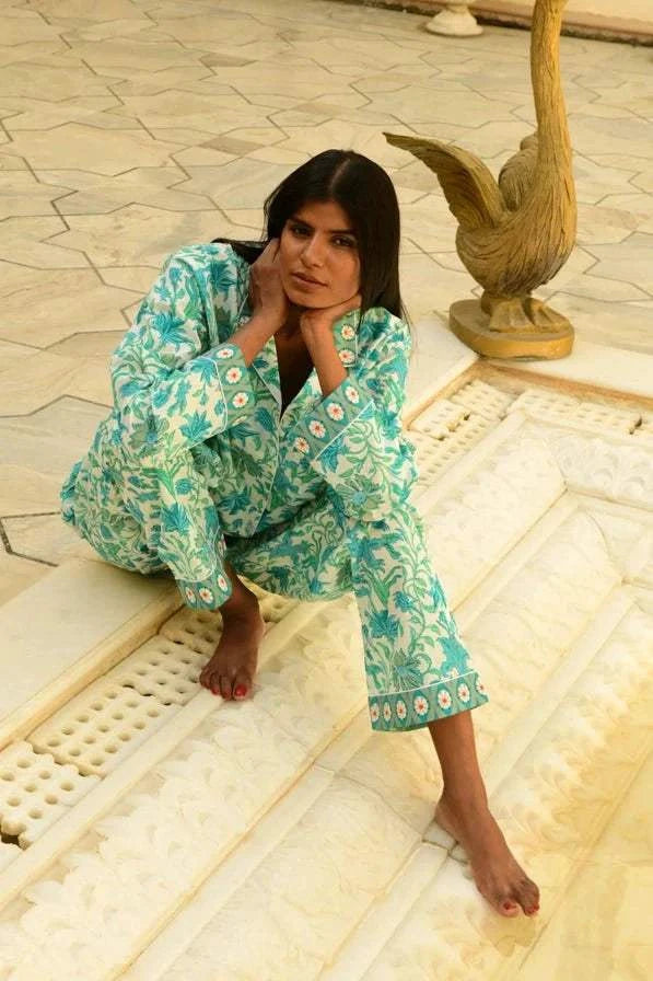 Lilly of Lucknow pajama set with long sleeve, button-down top and elastic waist pants, featuring block printed natural dyes.