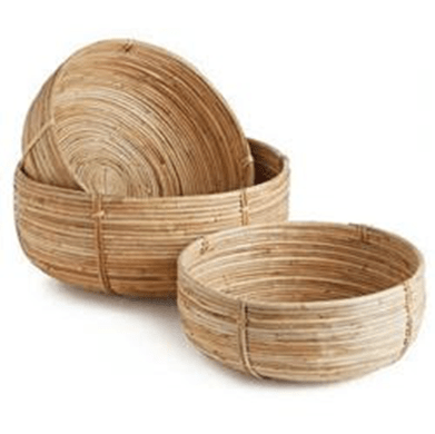 Calle Coastal Beach Brown Woven Rattan Low Baskets - Set of 3