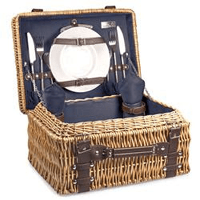 Chandler Coastal Brown Willow Navy Blue Picnic Basket with Serveware for 2