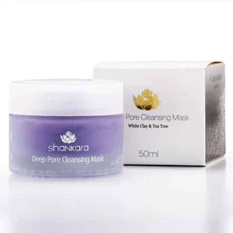 Deep Pore Cleansing Mask jar and packaging with white clay and tea tree description.
