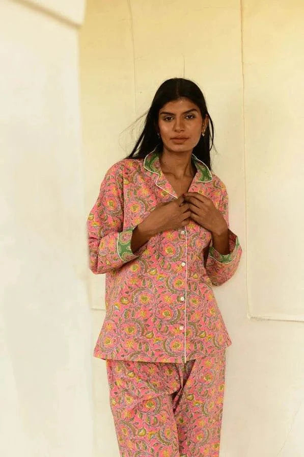 Rajasthan Ruby PJ's featuring a pink block print with long-sleeve button-down top and pajama pants.