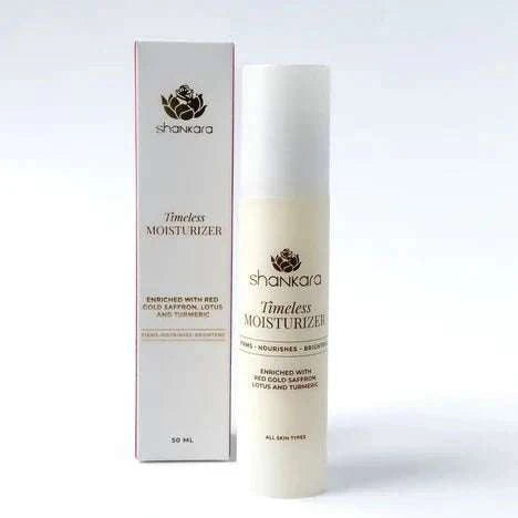 Timeless Moisturizer bottle and packaging with saffron, lotus, and turmeric ingredients.